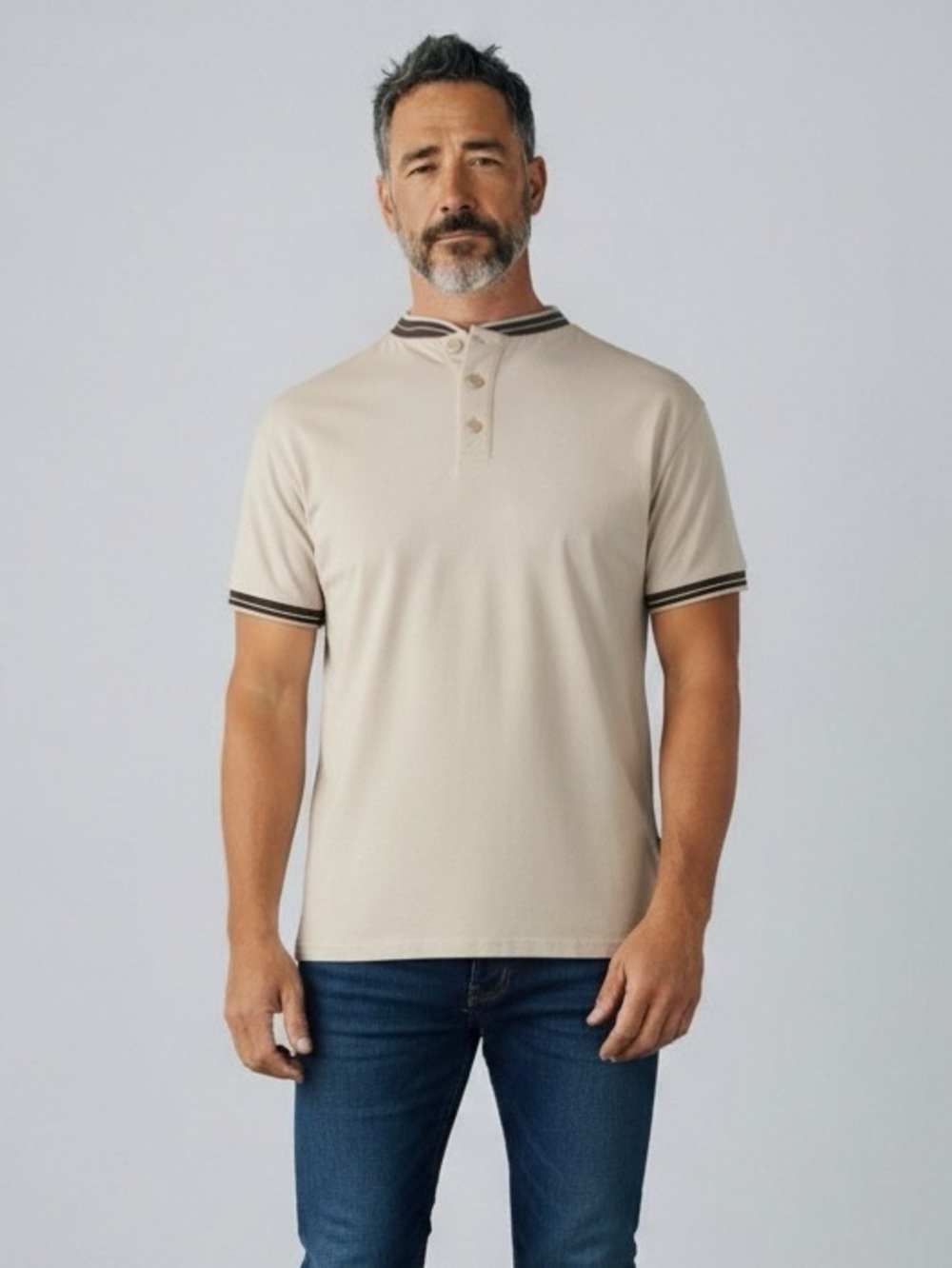 Scott James Mens Casual Short-Sleeve Henley Polo Shirt Cream/Black Trim L
